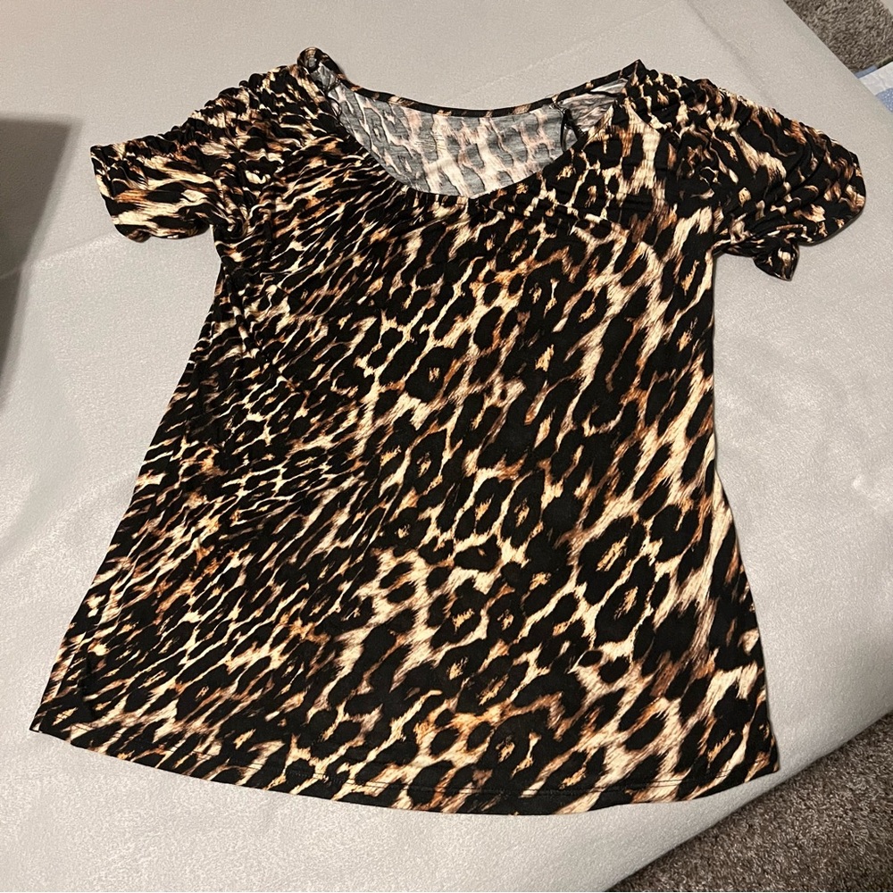 Jennifer Lopez Animal Print Brown Black Stretch Short Sleeved Blouse
